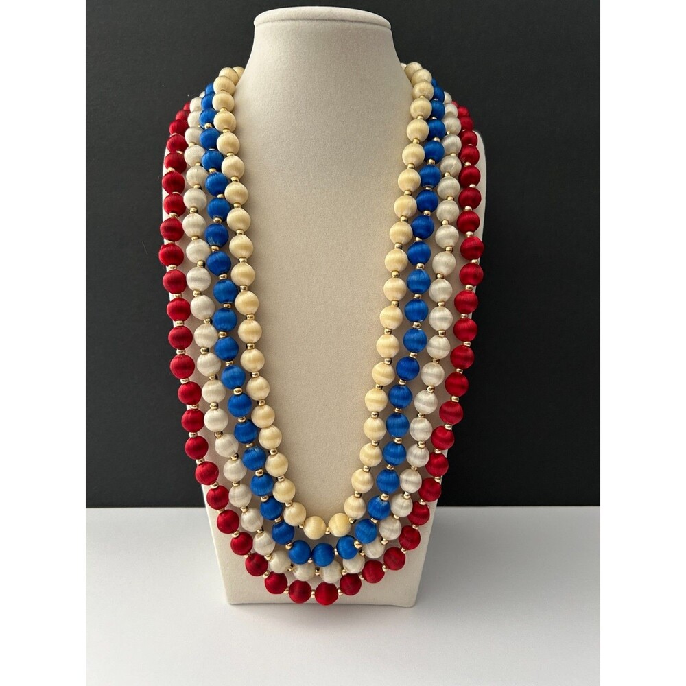 4 Vintage Gold Tone Cream RED WHITE & BLUE Silk Satin Thread Beaded Necklaces EC